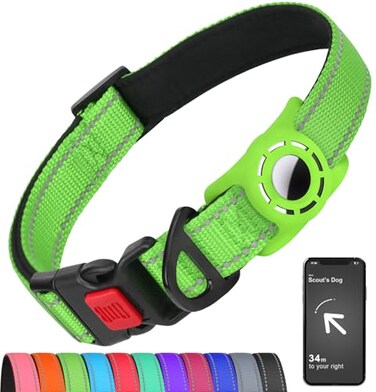Erbine AirTag Dog Collar with AirTag Holder Compatible for Air Tag Reflective Soft Padded Safety Locking Buckle Adjustable Nylon for Small Medium Large Dogs GreenXL