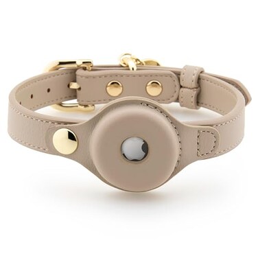 Nina Woof Cupertino Dog Collars Harnesses Leashes Made from Vegan Leather with Dog Tracker Device Holder Adjustable Dog Collar Medium Beige