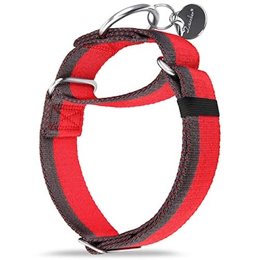 Dazzber Martingale Collar 15 Inch Wide 1200D Extra Strong Nylon Dog Collar No Pull Heavy Duty Dog Collar with 2Color Stripe for Medium to XLarge Dogs Medium 1 12 Inch Wide Red Grey