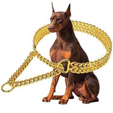 KINGOLDOGS Gold 18K Gold Dog Chain Collar Stainless Steel Adjustable Chew Proof Cuban Link Double Row Walking Collar for Large Small Medium Dogs