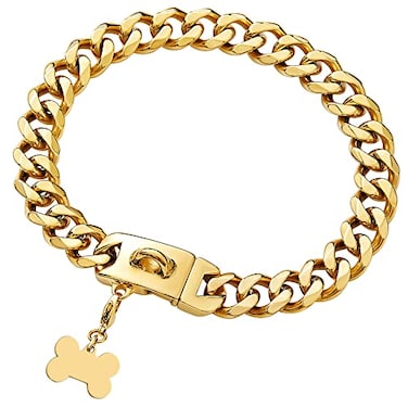 Yowity Gold Dog Chain Collar with Design Secure Buckle ID Tag18K Cuban Link Strong Heavy Duty Chew Proof Metal Walking Collar for Medium Dogs19MM 14