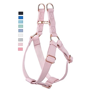 AaufiLux Soft Leather No Pull Dog Harness Adjustable Step in Dog Harness with Rose Gold Heavy Duty Metal Buckle Freedom Nylon Dog Halter Vests for Small Medium Large Dogs Easy Walking Training PinkM