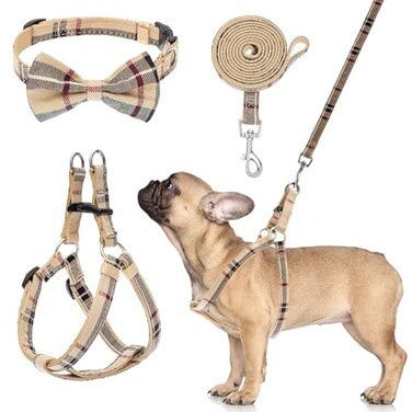 BINGPET Dog Harness Collar Leash SetAdjustable No Pull Escape Proof Small Dog HarnessClassic Plaid Puppy Harness and Leash Set for Small Medium Large Dogs Training Easy Walk RunningBeigeS