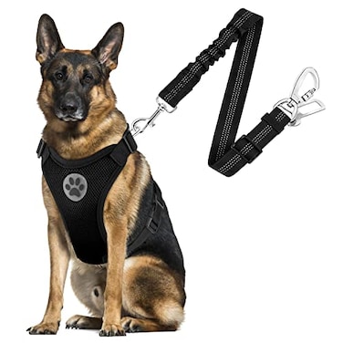 SlowTon Dog Seat Belt Harness for Car Dog Car Harness Adjustable Mesh Breathable Dog Seatbelt Safety Tether with Elastic Bungee for Small Medium Large PetsBlack Double Clip L