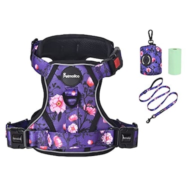 Petmolico No Pull Dog Harness Set with Leash Attachment Easy Control Handle Reflective Harness Vest Small Breed Puppy Vest and Leash Set with Poop Bag Holder Medium Purple Peach