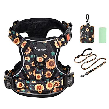 Petmolico No Pull Dog Harness Set 2 Leash Attchment Easy Control Handle Reflective Vest Dog Harness Breed Small Dogs Harness and Leash Set with Poop Bag HolderS Sunflower