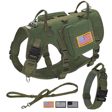 Forestpaw Tactical Dog Harness for Large DogsTactical Dog Collar with Bungee Leash SetNo Pull Military Dog Harness for Walking TrainingAdjustable for Medium Large DogsGreenChest 2740