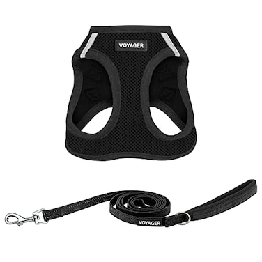 Best Pet Supplies Voyager Stepin Air All Weather Mesh Harness and Reflective Dog 5ft Leash Combo with Neoprene Handle for Small Medium and Large Breed Puppies Set Black Medium