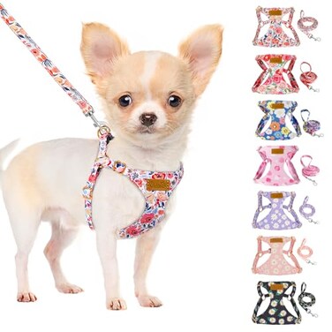SlowTon No Pull Dog Harness with Leash Soft Lightweight Floral Pattern Puppy Harness Adjustable Pet Harness for Small Medium Dogs Flower XS