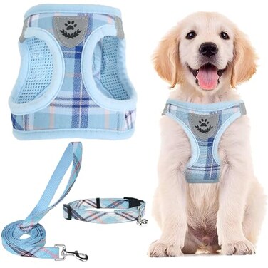 PUPTECK Adjustable Dog Harness Collar and Leash Set Step in No Pull Pet Harness for Small Medium Dogs Puppy and Cats Outdoor Walking Running Soft Mesh Padded Reflective Vest Harnesses Blue S