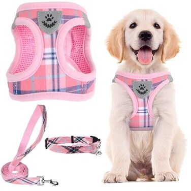 PUPTECK Adjustable Dog Harness Collar and Leash Set Step in No Pull Pet Harness for Small Medium Dogs Puppy and Cats Outdoor Walking Running Soft Mesh Padded Reflective Vest Harnesses Pink S