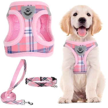 PUPTECK Adjustable Dog Harness Collar and Leash Set Step in No Pull Pet Harness for Small Medium Dogs Puppy and Cats Outdoor Walking Running Soft Mesh Padded Reflective Vest Harnesses Pink M