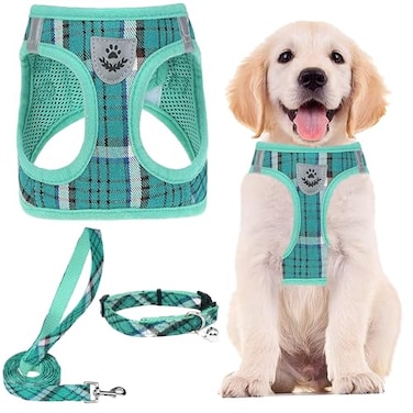 PUPTECK Adjustable Dog Harness Collar and Leash Set Step in No Pull Pet Harness for Small Medium Dogs Puppy and Cats Outdoor Walking Running Soft Mesh Padded Reflective Vest Harnesses Lake Green XS