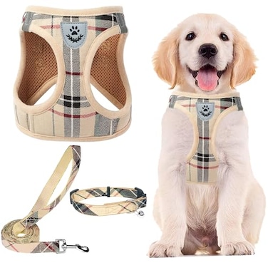 PUPTECK Adjustable Dog Harness Collar and Leash Set Step in No Pull Pet Harness for Small Medium Dogs Puppy and Cats Outdoor Walking Running Soft Mesh Padded Reflective Vest Harnesses Beige XL