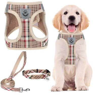 PUPTECK Adjustable Dog Harness Collar and Leash Set Step in No Pull Pet Harness for Small Medium Dogs Puppy and Cats Outdoor Walking Running Soft Mesh Padded Reflective Vest Harnesses Khaki XL