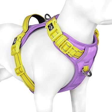 PHOEPET No Pull Dog Harness Unique Colors Reflective Adjustable Dog Vest with Soft Training Handle Metal Clips for Small Medium Large Dogs Baby Purple Base Yellow StrapsS