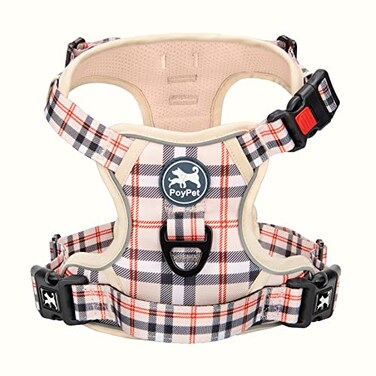 PoyPet Plaid Dog Harness No Pull Front Clip Pet Vest Harness Soft Padded Reflective Adjustable Walking Harness with Handle for Medium DogsCheckered BeigeM