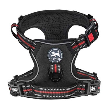 PoyPet No Pull Dog Harness Release at Neck Reflective Adjustable No Choke Pet Vest with Front Back 2 Leash AttachmentsBlackRedL