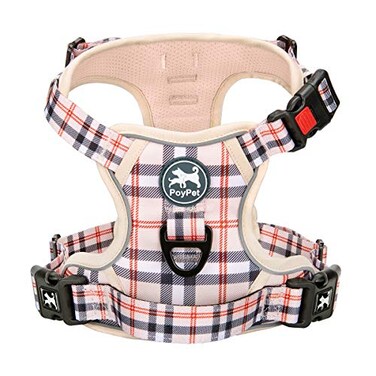 PoyPet Plaid Dog Harness No Pull Front Clip Pet Vest Harness Soft Padded Reflective Adjustable Walking Harness with Handle for Large DogsCheckered BeigeL