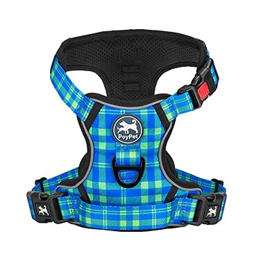 PoyPet No Pull Dog Harness Reflective Adjustable No Choke Pet Vest with Front Back 2 Leash Attachments Soft Control Training Handle for Small Medium Large DogsCheckered Blue GreenL