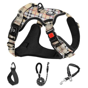 NESTROAD No Pull Dog Harness with Leash Reflective No Choke Pet Vest HarnessAdjustable Soft Padded Dog Harness with Easy Control Handle for Medium DogsCheckered BeigeMedium