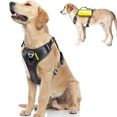 Fida Dog Harness MultiFunctional NoPull Pet Vest Harness with Saddle Bags Backpack Front Leash Clip Adjustable Soft Padded Reflective NoChoke Dog Vest Heavy Duty for Large Dog L Black