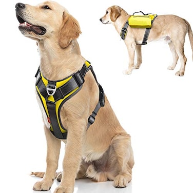 Fida Dog Harness MultiFunctional NoPull Pet Vest Harness with Saddle Bags Backpack Front Leash Clip Adjustable Soft Padded Reflective NoChoke Dog Vest Heavy Duty for Large Dog L Yellow