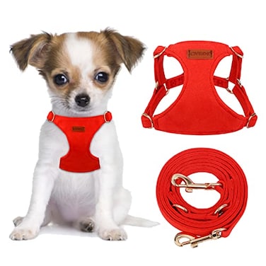 CHEDE No Pull Puppy Harness and Multifunction Dog Leash Set 8 Colors Soft Adjustable No Choke Escape Proof CuteLightweight Pet Vest Harness for Small and Medium Dog XS Red