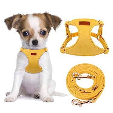 CHEDE No Pull Puppy Harness and Multifunction Dog Leash Set 8 Colors Soft Adjustable No Choke Escape Proof CuteLightweight Pet Vest Harness for Small and Medium Dog XXS Yellow