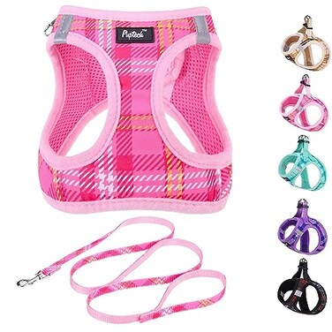 PUPTECK Dog Harness and Leash Set for Small Medium Dogs No Pull Stepin Soft Mesh Puppy Cat Vest Harnesses Reflective at Night Plaid Pattern Pink XS