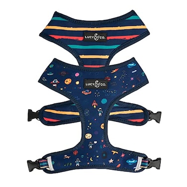 LucyCo. Lucy Co Reversible Dog Harness WaterRepellent Neoprene DualPrint Design Easy Swap Style Adjustable Comfort Fit Space Doodle Reversible Harness Small