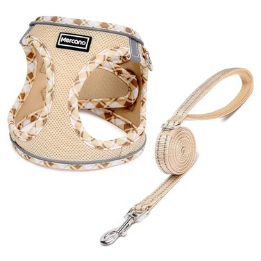 Mercano Soft Mesh Dog Harness and Leash Set Stepin Reflective Breathable Lightweight Vest Harnesses with Safety Buckle for Small Dogs Cats Beige XXS