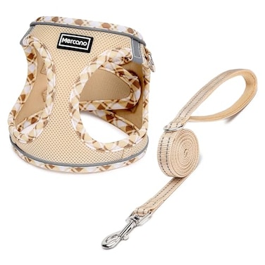 Mercano Soft Mesh Dog Harness and Leash Set Stepin Reflective Breathable Lightweight Vest Harnesses with Safety Buckle for Small Dogs Cats Beige S