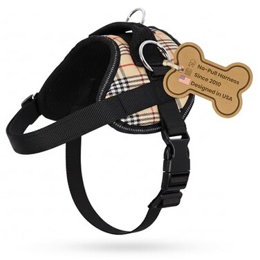 Bark Appeal Tan Plaid NoPull Dog Harness for Extra Small to Small Sized Pets Adjustable Reflective Vest with 3 Leash Clips for Added Control Easy Walks Training Small