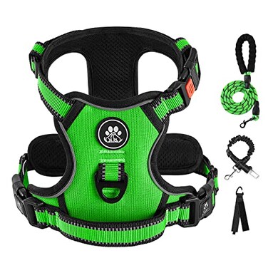 IVYLANE IVYLANE No Pull Dog Harness for Large Dogs Dog Vest Harness with Leash Safety Belt and Storage Strap Fully Adjustable Harness 360 Reflective Strip Soft Handle Green L