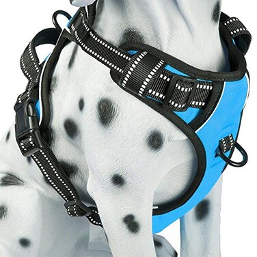 PoyPet No Pull Dog Harness Reflective Comfortable Vest Harness with Front Back 2 Leash Attachments and Easy Control Handle Adjustable Soft Padded Pet Vest for Small to Large Dogs BlueL