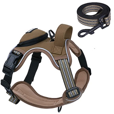 BUMBIN No Pull Dog Harness for Large Dogs Adjustable No Choke Pet Vest with Dog Leash Fit Smart Reflective Pet Walking Harness for Training Easy Control Soft Handle Brown L