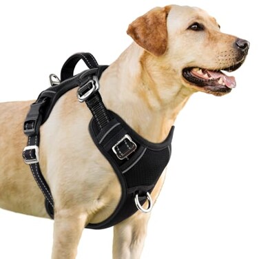 BARKBAY No Pull Dog Harness 3 Buckles Large Reflective Dog Harness with Front Clip and Easy Control Handle for Walking Training Running with ID tag PocketBlackM