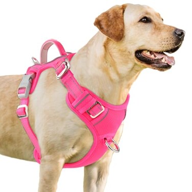 BARKBAY No Pull Dog Harness 3 Buckles Large Reflective Dog Harness with Front Clip and Easy Control Handle for Walking Training Running with ID tag PocketPinkXL