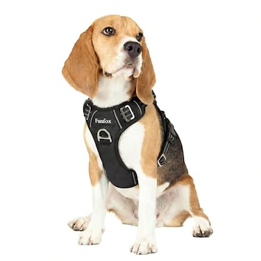 Funfox Dog Harness Medium Sized Dog Vertical Handle Easy Control No Pull Pet Vest Adjustable with 2 Leash Clips Soft Material Reflective Safe Night Walking for Small Medium Large Breed Black M