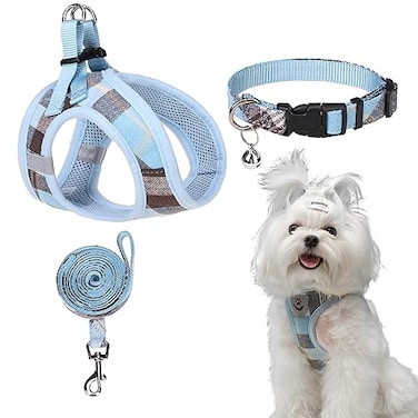 EXPAWLORER Classic Plaid Step in Dog Harness Small Dog Collar and Leash Soft Mesh Padded Adjustable Dog Vest Harness No Pull Reflective Escape Proof for Outdoor Walking Blue Large