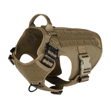 ICEFANG Tactical Dog Harness Large Size2X Metal BuckleWorking Dog MOLLE Vest with HandleNo Pulling Front Leash ClipHook and Loop Panel BrownL Pack of 1