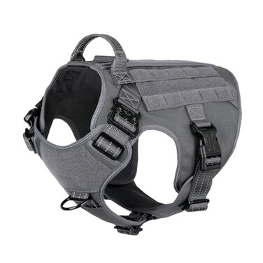 ICEFANG Tactical Dog Harness Large Size2X Metal BuckleWorking Dog MOLLE Vest with HandleNo Pulling Front Leash ClipHook and Loop Panel GreyL Pack of 1
