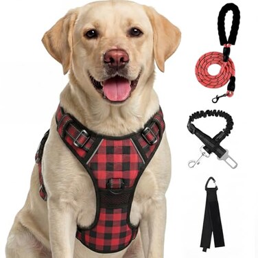 FURRYFECTION Plaid Dog Harness for Large Dogs Reflective No Pull Adjustable Pet Vest with Front Clip Leash Easy Control Handle and Seat Belt RedBlack XL
