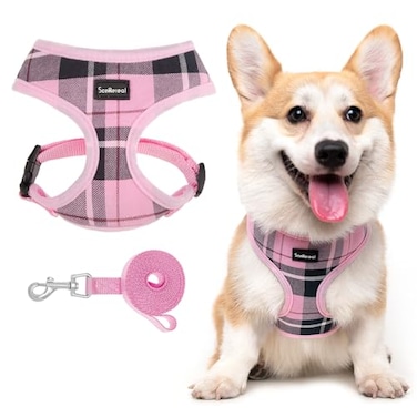 SCENEREAL Puppy Dog Harness with Leash Set for Small Medium Sized Dogs Soft Mesh Step in Pet Harnesses and Leash No Chock Plaid Adjustable No Pull Vest for Dogs Cats ChihuahuaBulldog Pink M
