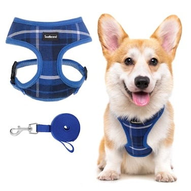 SCENEREAL Puppy Dog Harness with Leash Set for Small Medium Sized Dogs Soft Mesh Pet Harnesses and Leash No Chock Plaid Adjustable No Pull Vest for Dogs Cats ChihuahuaBulldog Blue M