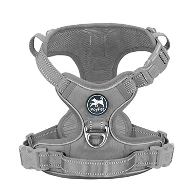 PoyPet No Pull Dog Harness No Choke Reflective Dog Vest Adjustable Pet Harnesses with 2 Leash Attachments with Easy Control Padded Handle for Small Medium Large DogsGrayS