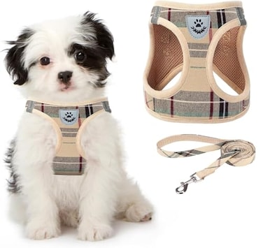 KOOLTAIL Dog Harness for Small Medium DogsDog Harness and Leash Set Step in No Pull Soft Mesh Padded Adjustable and Reflective Pet Vest Harness Puppy Plaid Extra Harness for XS S Dogs Beige S