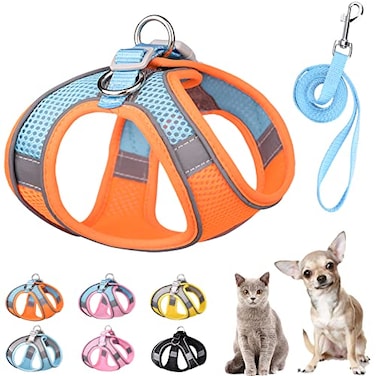 PETPUBGNZS Soft Small Dog Harness and Leash Set Mesh Puppy Harnesses Leash Easy Walk Dog Harness Vest Adjustable Reflective No Pull Dog Harnesses for Small Dogs Cats Orange BlueM