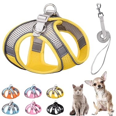 PETPUBGNZS Soft Small Dog Harness and Leash Set Mesh Puppy Harnesses Leash Easy Walk Dog Harness Vest Adjustable Reflective No Pull Dog Harnesses for Small Dogs Cats Yellow GreyS